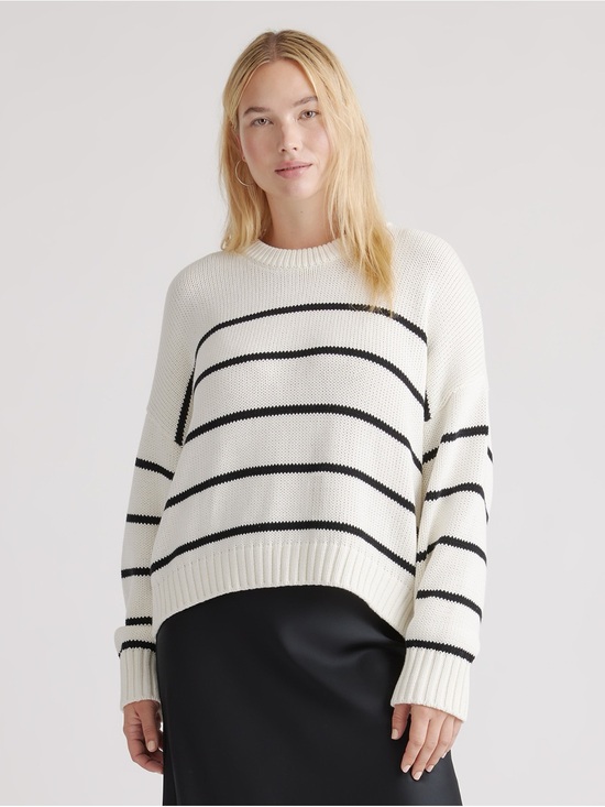 Quince Sweaters - Quince Organic Cotton Striped Crew Sweater Ivory Black M